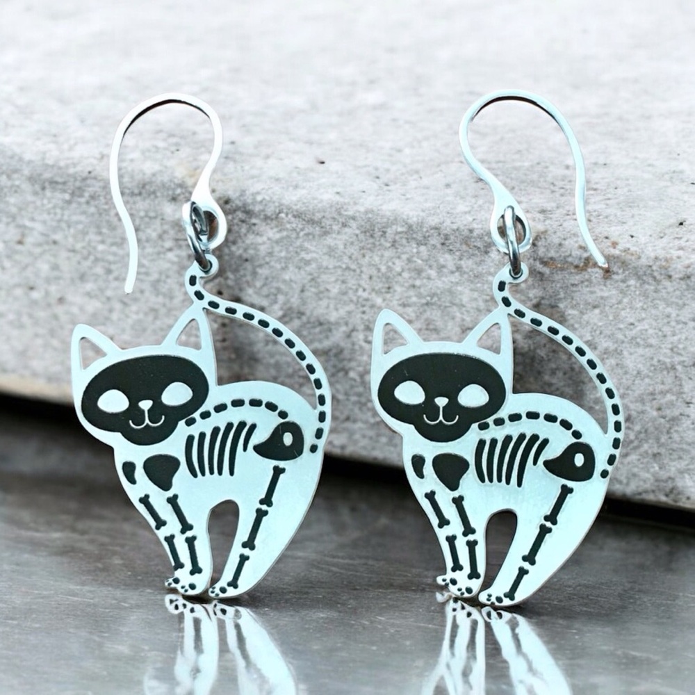 🆕 Cat Skeleton Laser Cut Earrings Stainless Steel